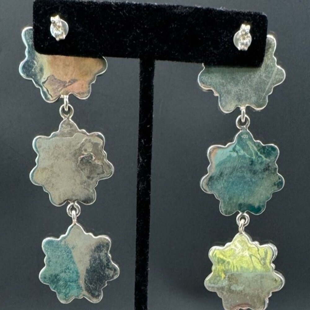 Lab Created Opal Iridescent Triple Floral Multi Stone Sterling Dangle Earrings - Picture 2 of 11